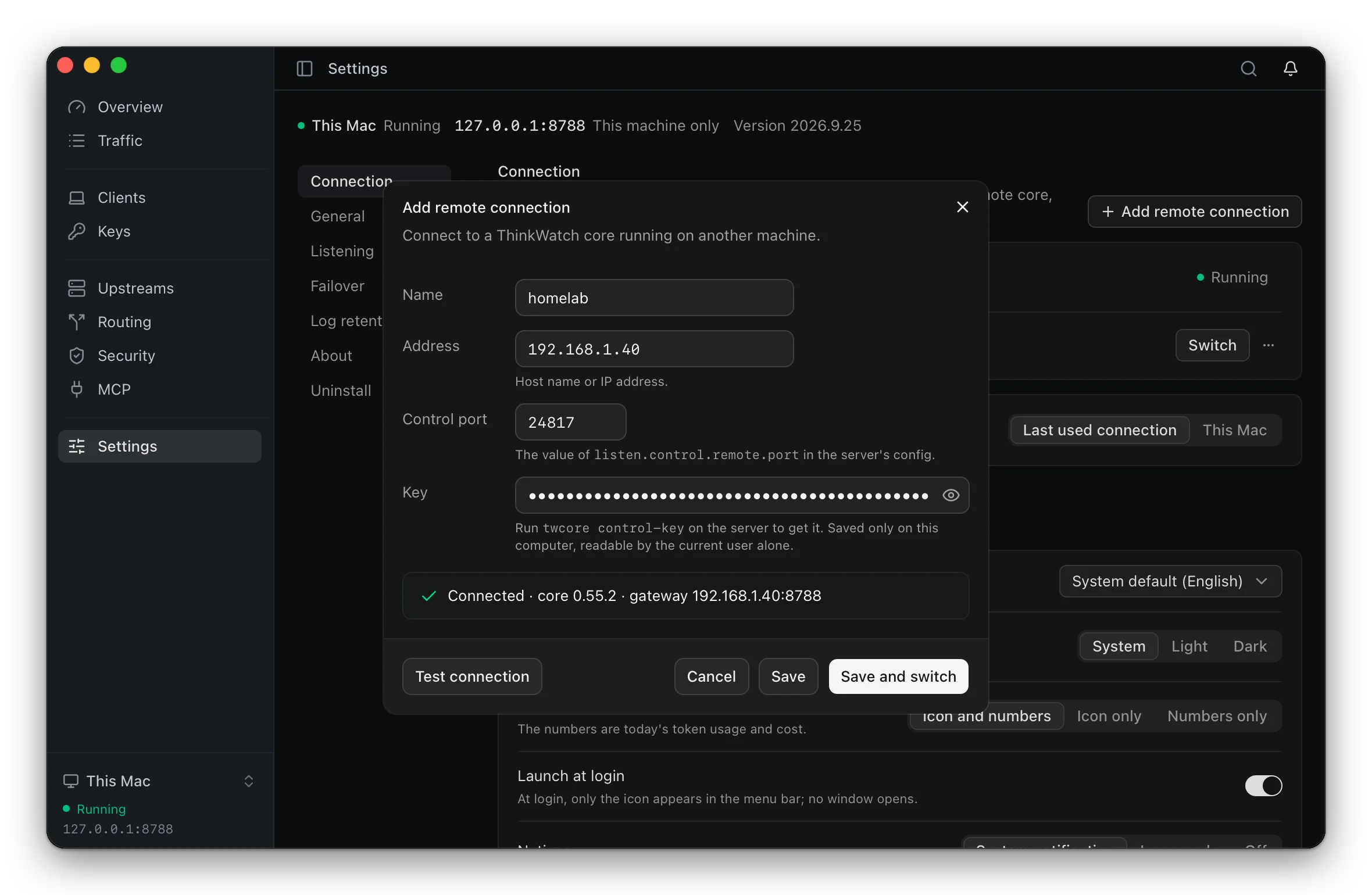 Adding a remote connection: the name homelab, the address 192.168.1.40, the control port and the key, with a successful test that reports the core version and the gateway at 192.168.1.40:8788