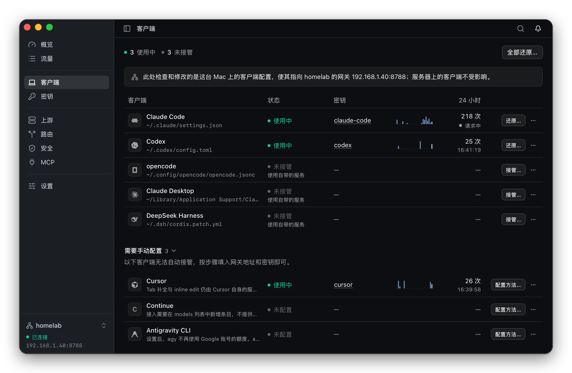 连接到 homelab 时的客户端页，顶部说明此处修改的是这台 Mac 上的客户端配置，使其指向 homelab 的网关 192.168.1.40:8788，服务器上的客户端不受影响