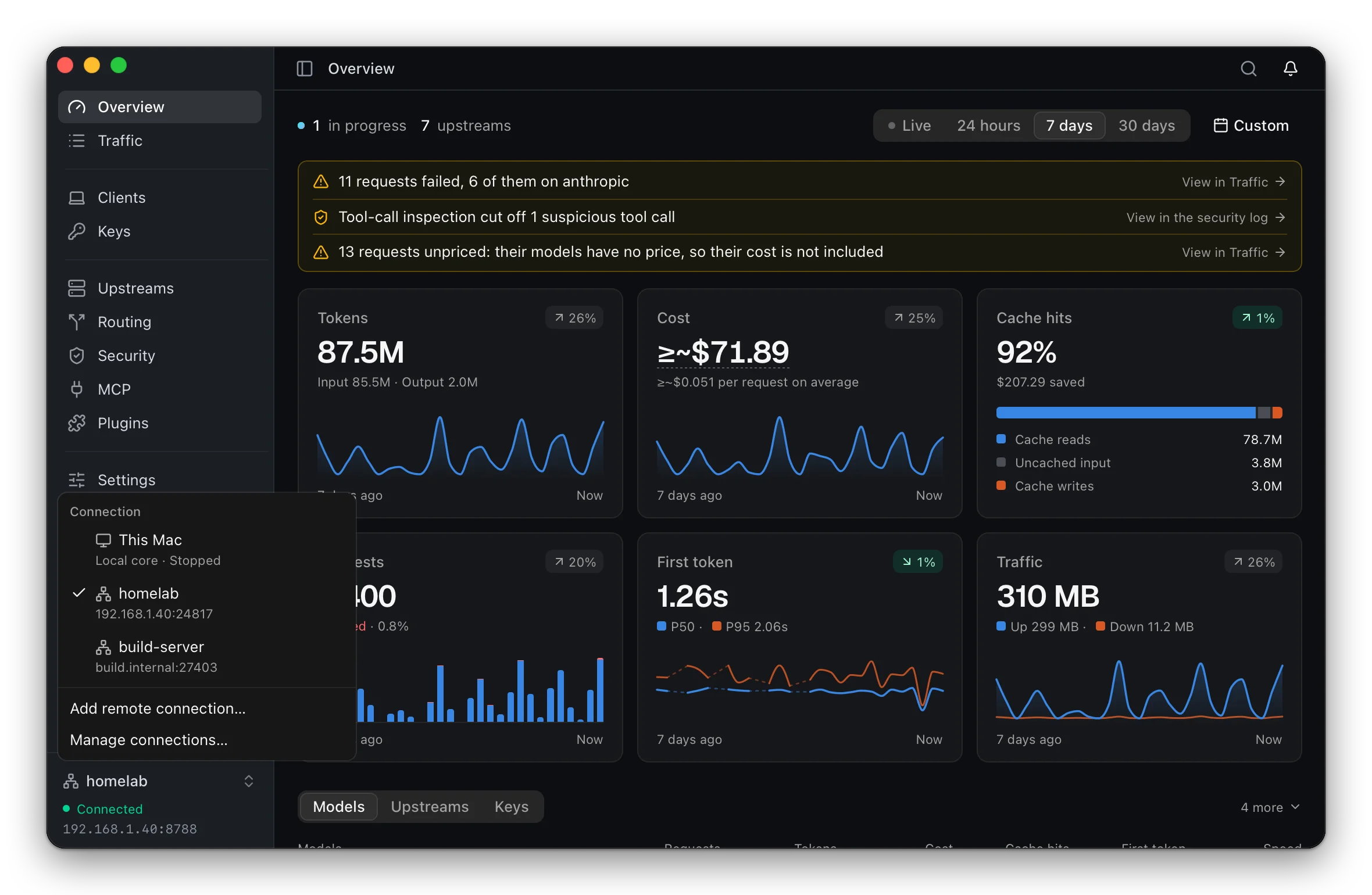 The connection menu at the foot of the sidebar while connected to homelab: this Mac with its local core stopped, homelab selected, build-server, and entries to add or manage connections